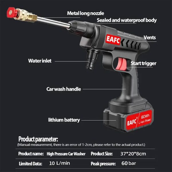 High Pressure Car Washer 300w 60bar With 20000mah - Image 6