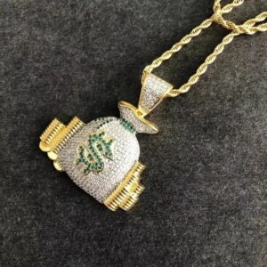Iced Out Dollar Money Bag Necklace Shiny Cubic - Image 2