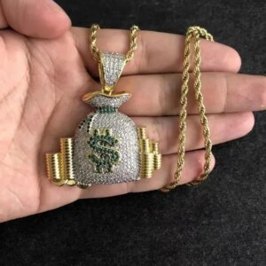 Iced Out Dollar Money Bag Necklace Shiny Cubic - Image 4