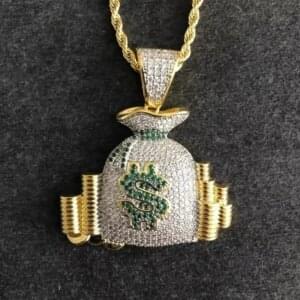 Iced Out Dollar Money Bag Necklace Shiny Cubic